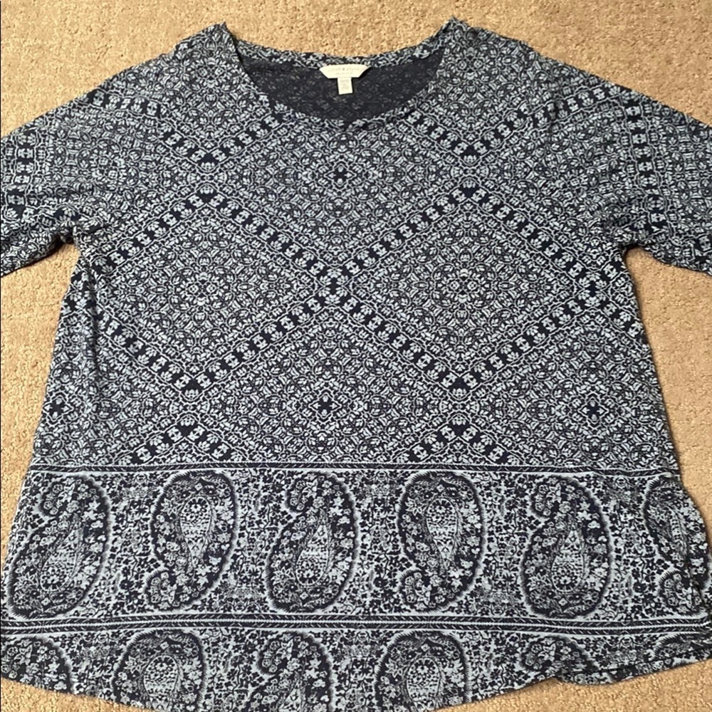 Lucky Brand 1X Boxy Blue and Black Top with Geometric Pattern & Paisleys Fairy